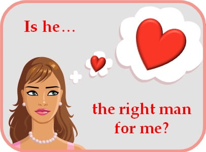 Illustration of woman thinking about a potential love interest, asking herself Is he the right man for me?