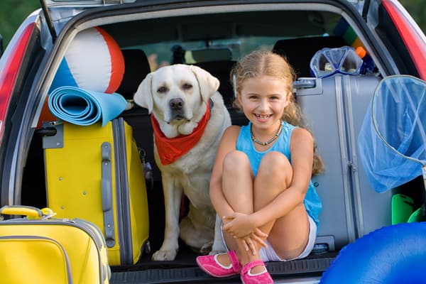Girl and dog in car packed for summer vacation Girl and dog in car packed for summer vacation